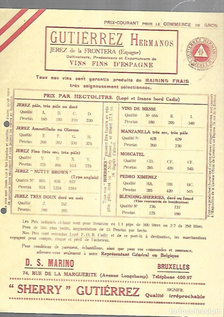 Documentos antiguos: LISTA DE PRECIOS. GUTIERREZ HERMANOS. JEREZ. VINOS FINOS DE ESPA&Ntilde;A. PARA EMBARQUE EN CADIZ
