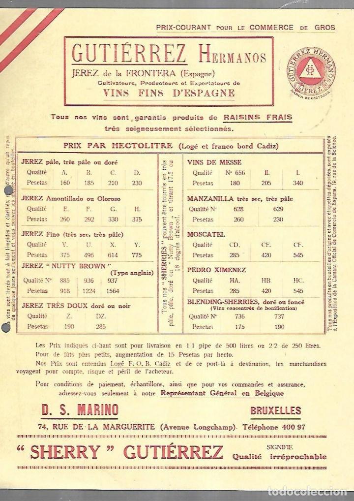 Documentos antiguos: LISTA DE PRECIOS. GUTIERREZ HERMANOS. JEREZ. VINOS FINOS DE ESPA&Ntilde;A. PARA EMBARQUE EN CADIZ