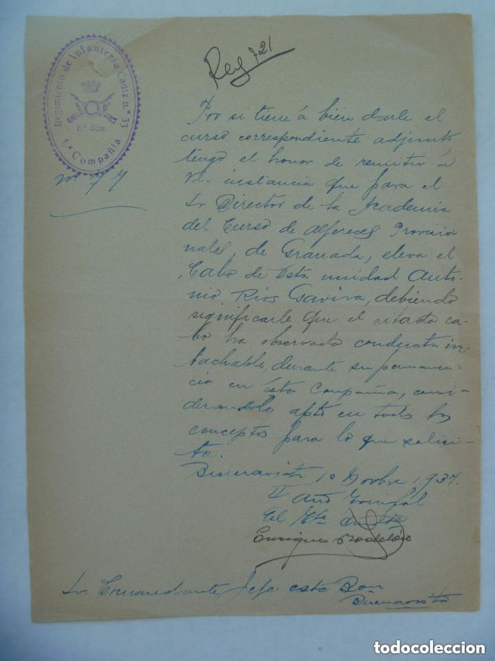 Documentos antiguos: GUERRA CIVIL - RGTO. INF. CADIZ: RECOMENDACION PARA ACADEMIA ALFERECES PROVICIONALES GRANADA. 1937