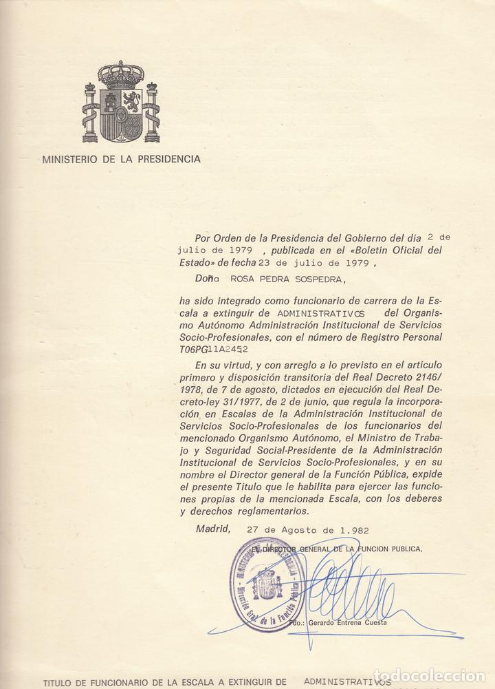 Documents Anciens: 1979 TITULO DE FUNCIONARIO A EXTINGUIR ADMINISTRATIVOS SERVICIOS SOCIO PROFESIONALES. PRESIDENCIA