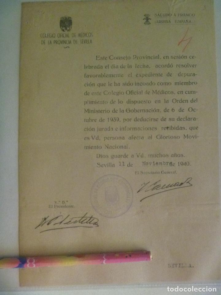 Documentos antiguos: POST GUERRA CIVIL - COLEGIO OFICIAL DE MEDICOS DE SEVILLA: NOTA SOBRE DEPURACION DE MEDICO, 1940