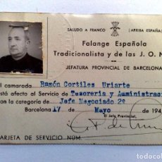 Documentos antiguos: TARJETA DE IDENTIDAD DE JEFE NEGOCIADO,EXPEDIDO 1941,FALANGE ESPAÑOLA TRADICIONALISTA (DESCRIPCIÓN)
