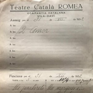 1932 Teatro Romea. Documento manuscrito ensayo 22x31,8 cm