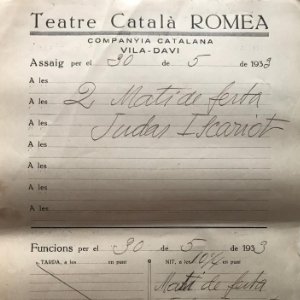 1933 Teatro Romea. Documento manuscrito ensayo 22x31,8 cm