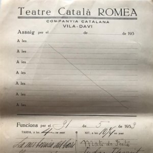 1933 Teatro Romea. Documento manuscrito ensayo 22x31,8 cm