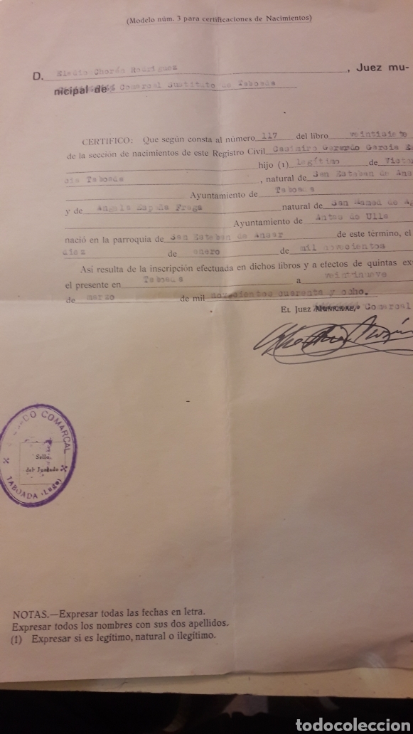 Documentos antiguos: 1948 Taboada Juez Municipal registro - Foto 1