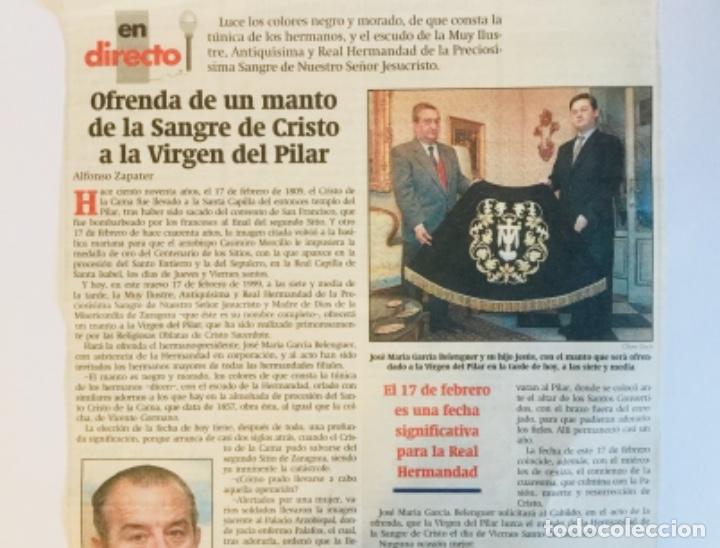 Documentos antiguos: Semana Santa Zaragoza. Recorte prensa. Hermandad Sangre de Cristo. Manto Virgen del Pilar
