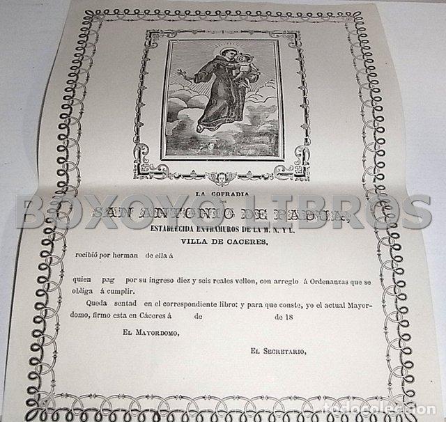 Documentos antiguos: Cofrad&iacute;a de San Antonio de Padua. Villa de C&aacute;ceres. Recibo de inscripci&oacute;n
