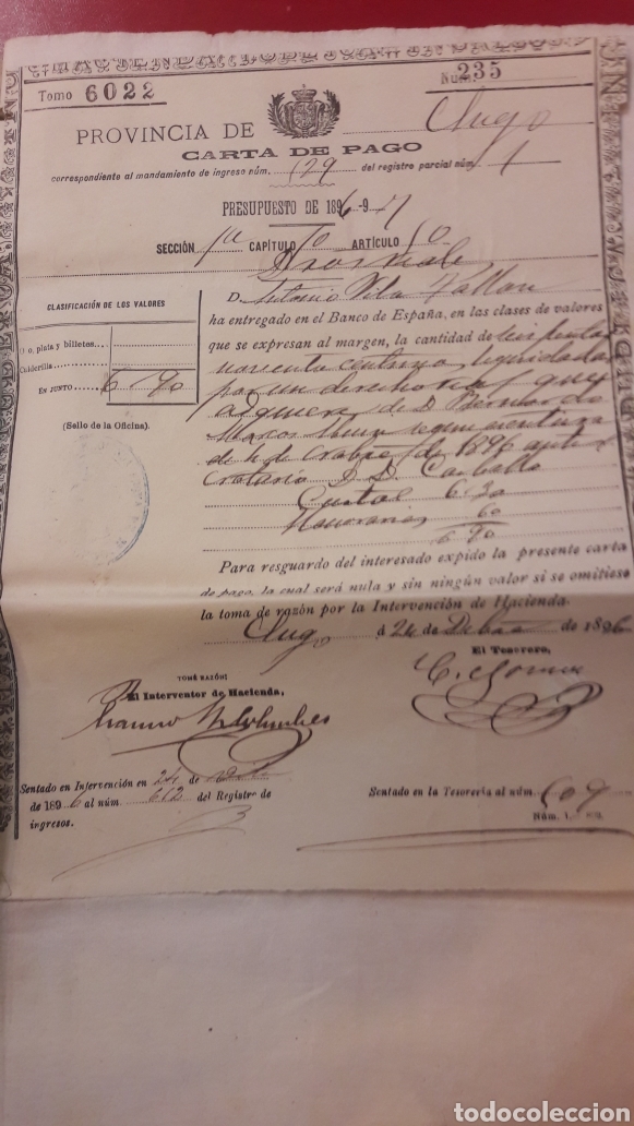 Documentos antiguos: 1896 Lugo Carta de Pago - Foto 1
