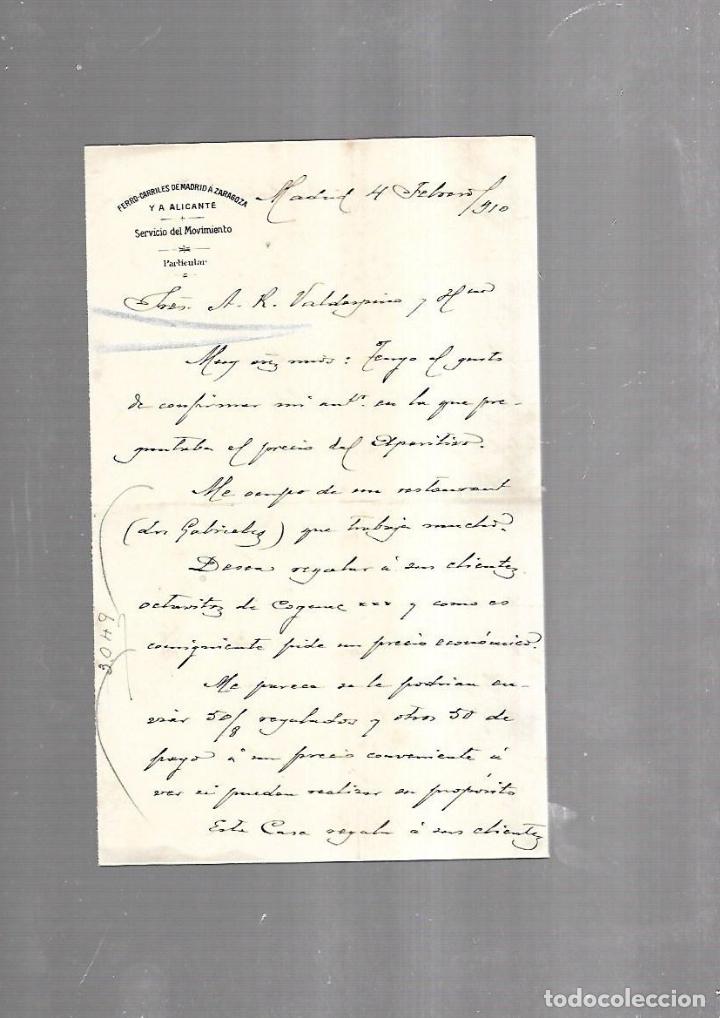 Alte Dokumente: CARTA COMERCIAL. FERROCARRILES DE MADRID A ZARAGOZA Y ALICANTE. SERVICIO DEL MOVIMIENTO. 1910
