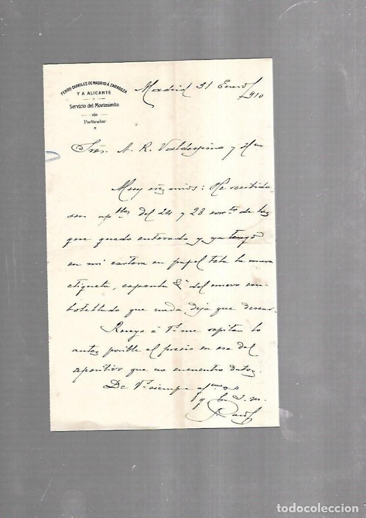 Alte Dokumente: CARTA COMERCIAL. FERROCARRILES DE MADRID A ZARAGOZA Y ALICANTE. SERVICIO DEL MOVIMIENTO. 1910