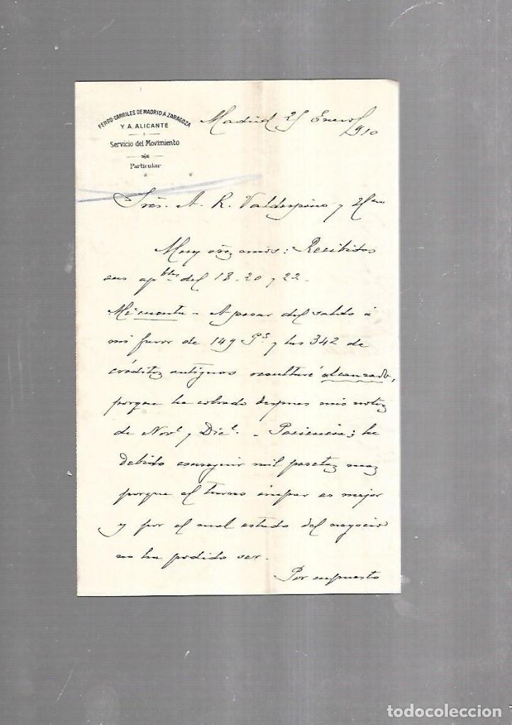 Alte Dokumente: CARTA COMERCIAL. FERROCARRILES DE MADRID A ZARAGOZA Y ALICANTE. SERVICIO DEL MOVIMIENTO. 1910