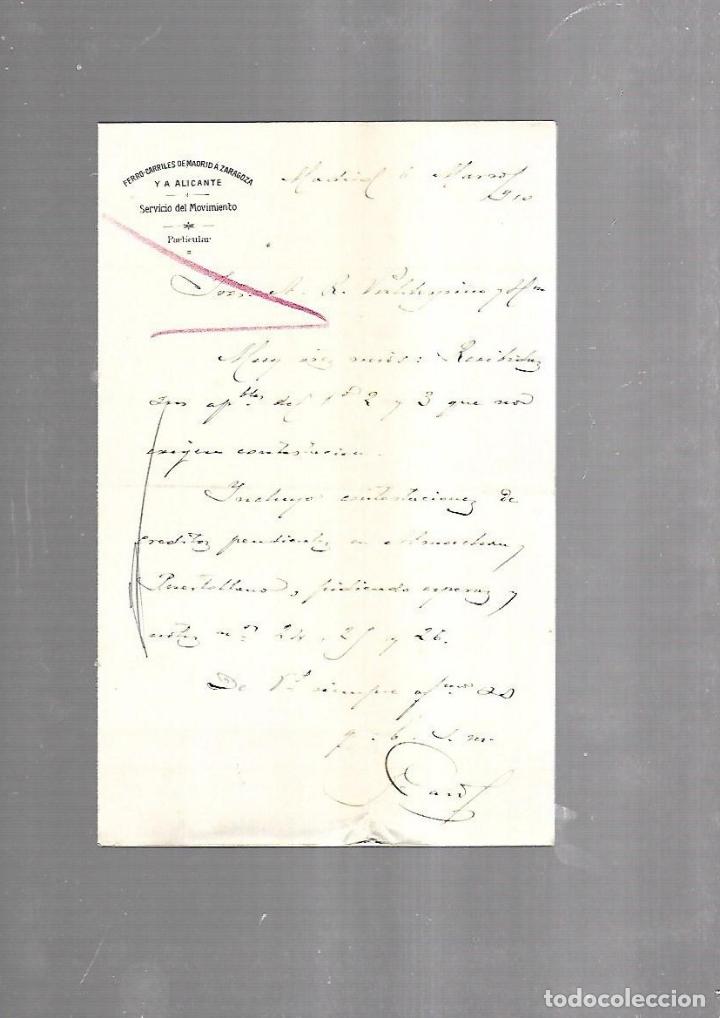 Alte Dokumente: CARTA COMERCIAL. FERROCARRILES DE MADRID A ZARAGOZA Y ALICANTE. SERVICIO DEL MOVIMIENTO. 1910