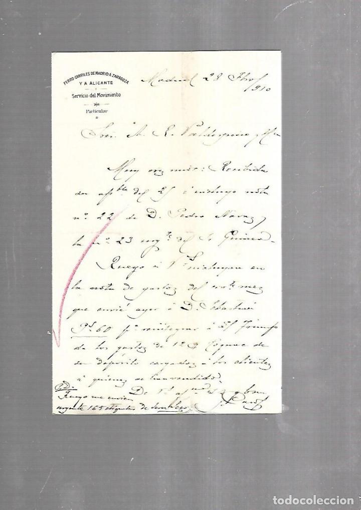 Alte Dokumente: CARTA COMERCIAL. FERROCARRILES DE MADRID A ZARAGOZA Y ALICANTE. SERVICIO DEL MOVIMIENTO. 1910