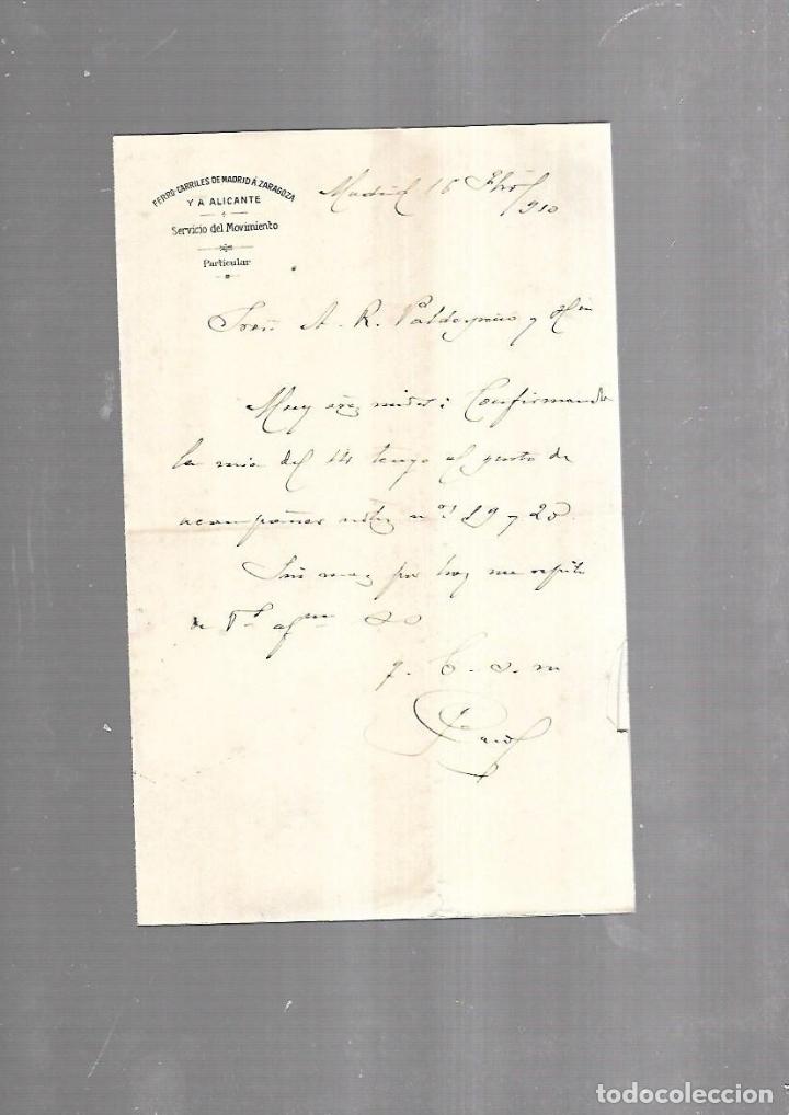 Alte Dokumente: CARTA COMERCIAL. FERROCARRILES DE MADRID A ZARAGOZA Y ALICANTE. SERVICIO DEL MOVIMIENTO. 1910