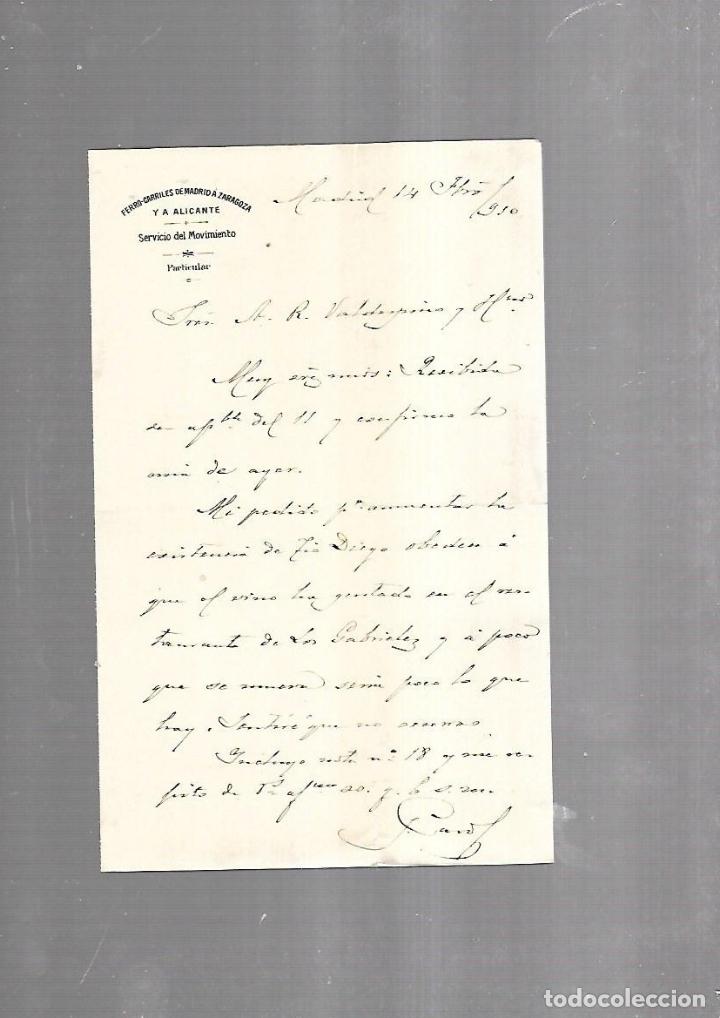 Alte Dokumente: CARTA COMERCIAL. FERROCARRILES DE MADRID A ZARAGOZA Y ALICANTE. SERVICIO DEL MOVIMIENTO. 1910
