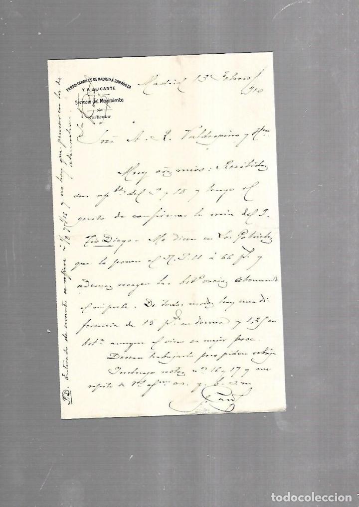 Alte Dokumente: CARTA COMERCIAL. FERROCARRILES DE MADRID A ZARAGOZA Y ALICANTE. SERVICIO DEL MOVIMIENTO. 1910