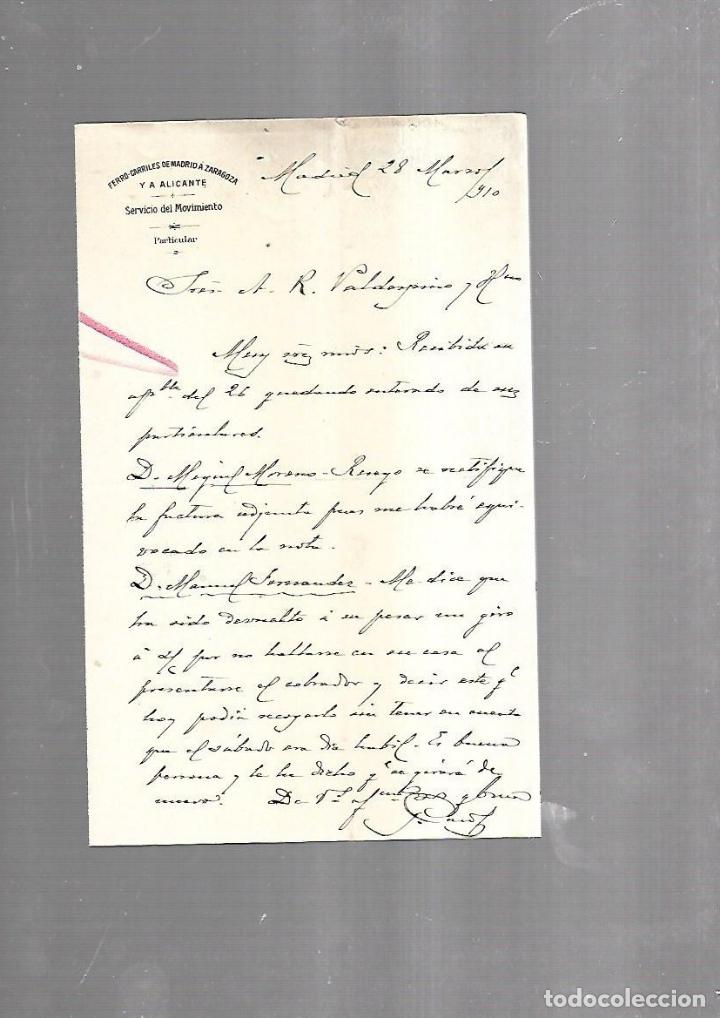 Alte Dokumente: CARTA COMERCIAL. FERROCARRILES DE MADRID A ZARAGOZA Y ALICANTE. SERVICIO DEL MOVIMIENTO. 1910
