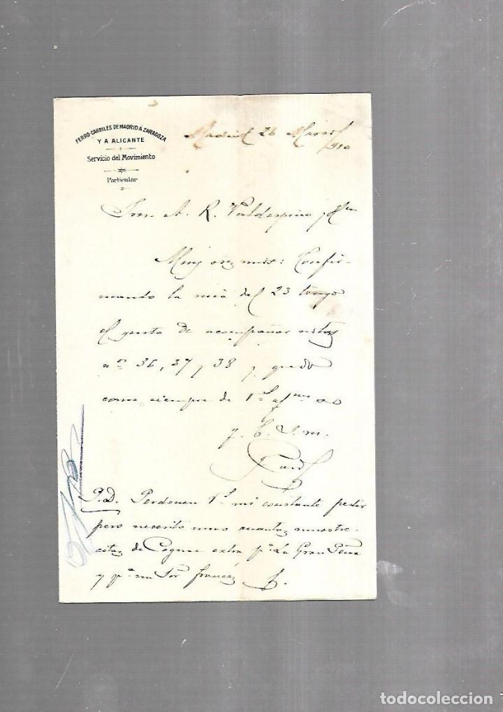 Alte Dokumente: CARTA COMERCIAL. FERROCARRILES DE MADRID A ZARAGOZA Y ALICANTE. SERVICIO DEL MOVIMIENTO. 1910