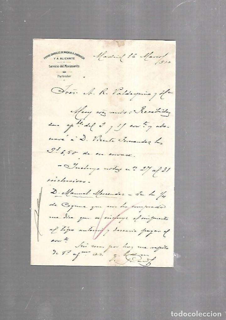 Alte Dokumente: CARTA COMERCIAL. FERROCARRILES DE MADRID A ZARAGOZA Y ALICANTE. SERVICIO DEL MOVIMIENTO. 1910