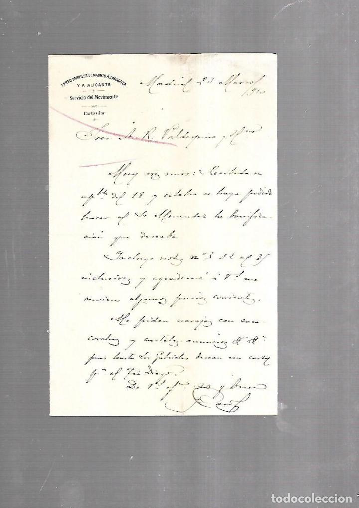 Documentos antigos: CARTA COMERCIAL. FERROCARRILES DE MADRID A ZARAGOZA Y ALICANTE. SERVICIO DEL MOVIMIENTO. 1910