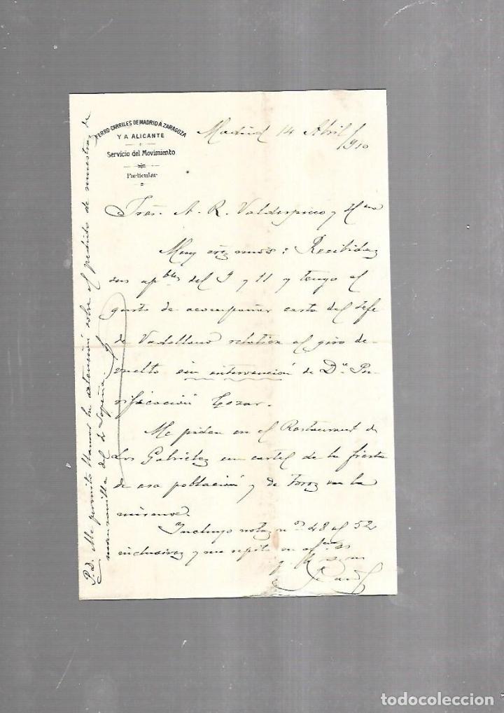 Documentos antigos: CARTA COMERCIAL. FERROCARRILES DE MADRID A ZARAGOZA Y ALICANTE. SERVICIO DEL MOVIMIENTO. 1910