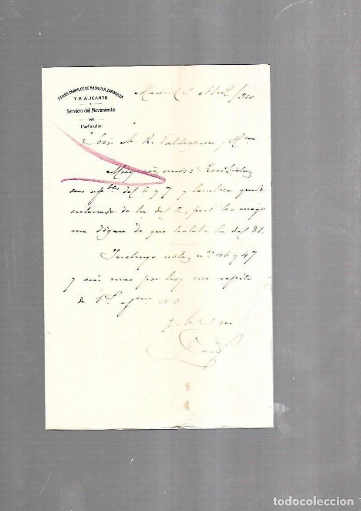 Documentos antigos: CARTA COMERCIAL. FERROCARRILES DE MADRID A ZARAGOZA Y ALICANTE. SERVICIO DEL MOVIMIENTO. 1910