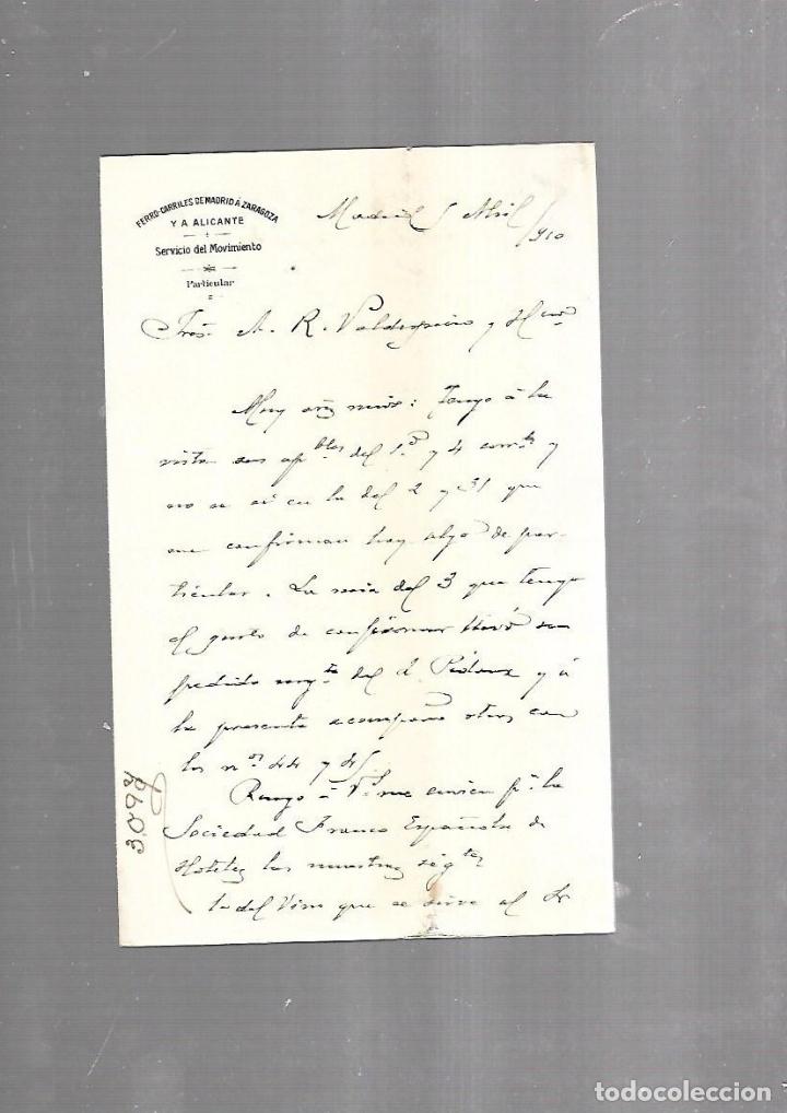 Documentos antigos: CARTA COMERCIAL. FERROCARRILES DE MADRID A ZARAGOZA Y ALICANTE. SERVICIO DEL MOVIMIENTO. 1910