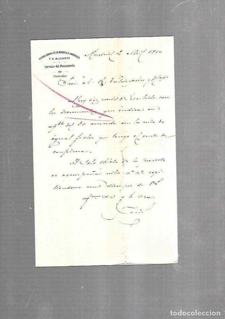 Documentos antigos: CARTA COMERCIAL. FERROCARRILES DE MADRID A ZARAGOZA Y ALICANTE. SERVICIO DEL MOVIMIENTO. 1910