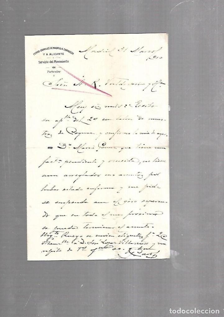 Documentos antigos: CARTA COMERCIAL. FERROCARRILES DE MADRID A ZARAGOZA Y ALICANTE. SERVICIO DEL MOVIMIENTO. 1910