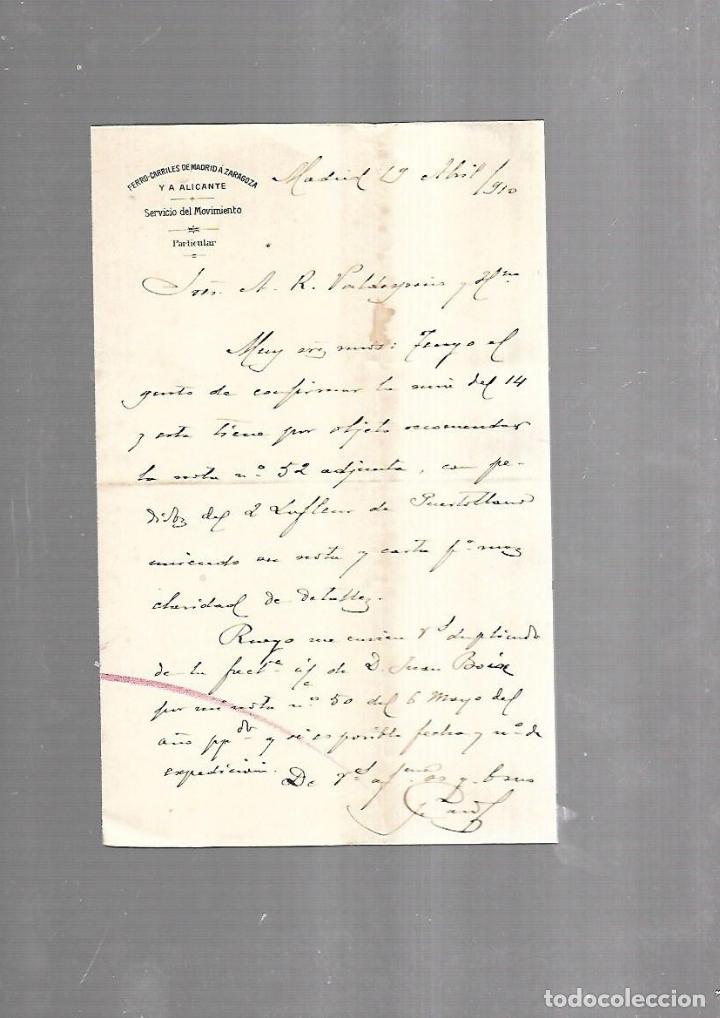 Documentos antigos: CARTA COMERCIAL. FERROCARRILES DE MADRID A ZARAGOZA Y ALICANTE. SERVICIO DEL MOVIMIENTO. 1910