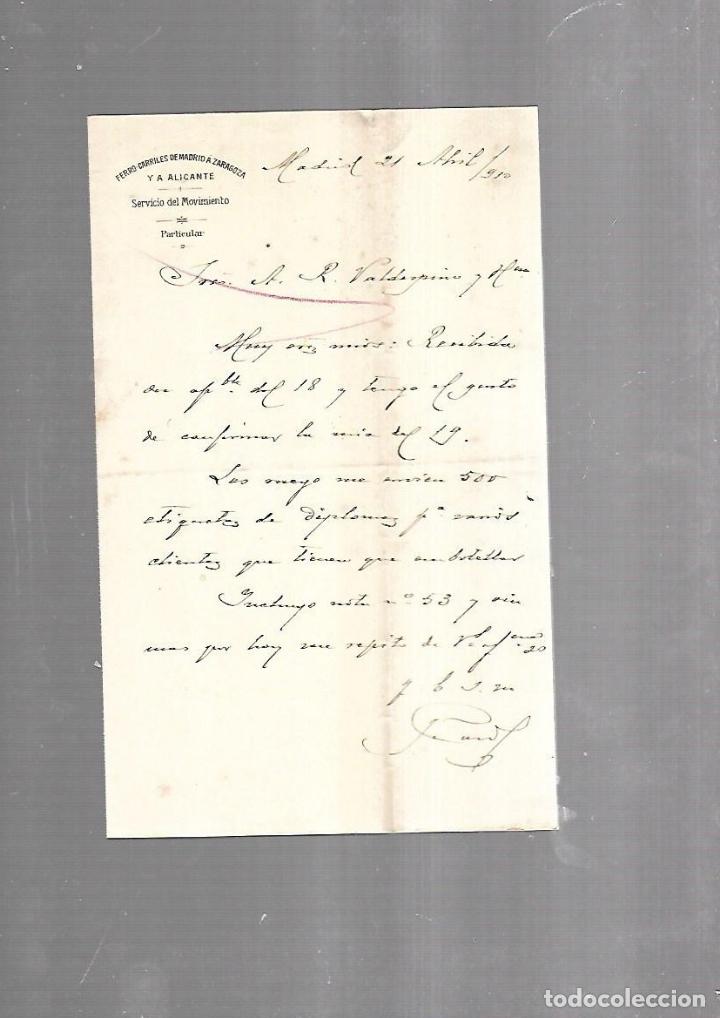 Documentos antigos: CARTA COMERCIAL. FERROCARRILES DE MADRID A ZARAGOZA Y ALICANTE. SERVICIO DEL MOVIMIENTO. 1910