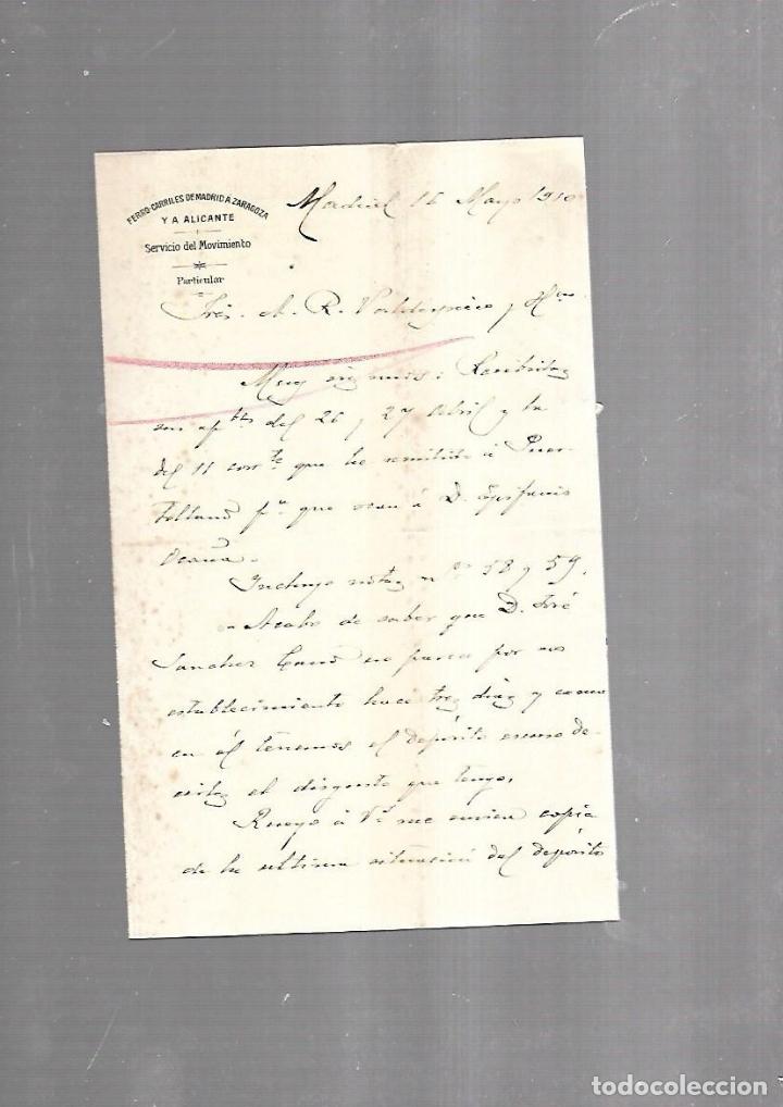 Documentos antigos: CARTA COMERCIAL. FERROCARRILES DE MADRID A ZARAGOZA Y ALICANTE. SERVICIO DEL MOVIMIENTO. 1910