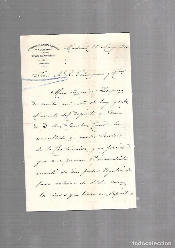 Documentos antigos: CARTA COMERCIAL. FERROCARRILES DE MADRID A ZARAGOZA Y ALICANTE. SERVICIO DEL MOVIMIENTO. 1910