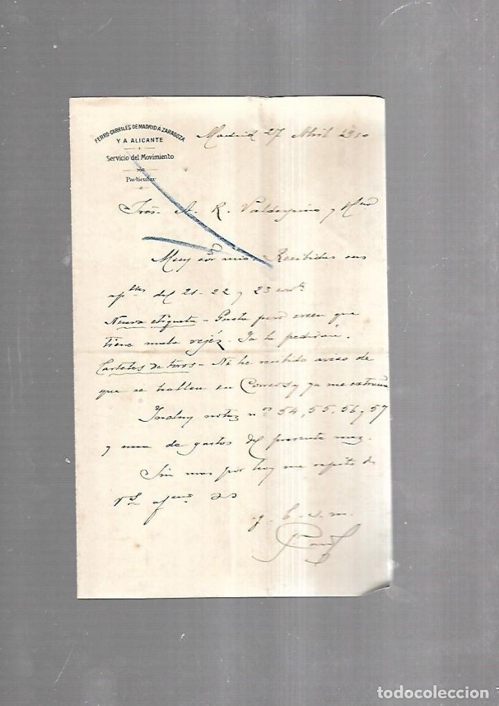 Documentos antigos: CARTA COMERCIAL. FERROCARRILES DE MADRID A ZARAGOZA Y ALICANTE. SERVICIO DEL MOVIMIENTO. 1910