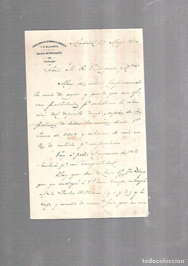 Documentos antigos: CARTA COMERCIAL. FERROCARRILES DE MADRID A ZARAGOZA Y ALICANTE. SERVICIO DEL MOVIMIENTO. 1910