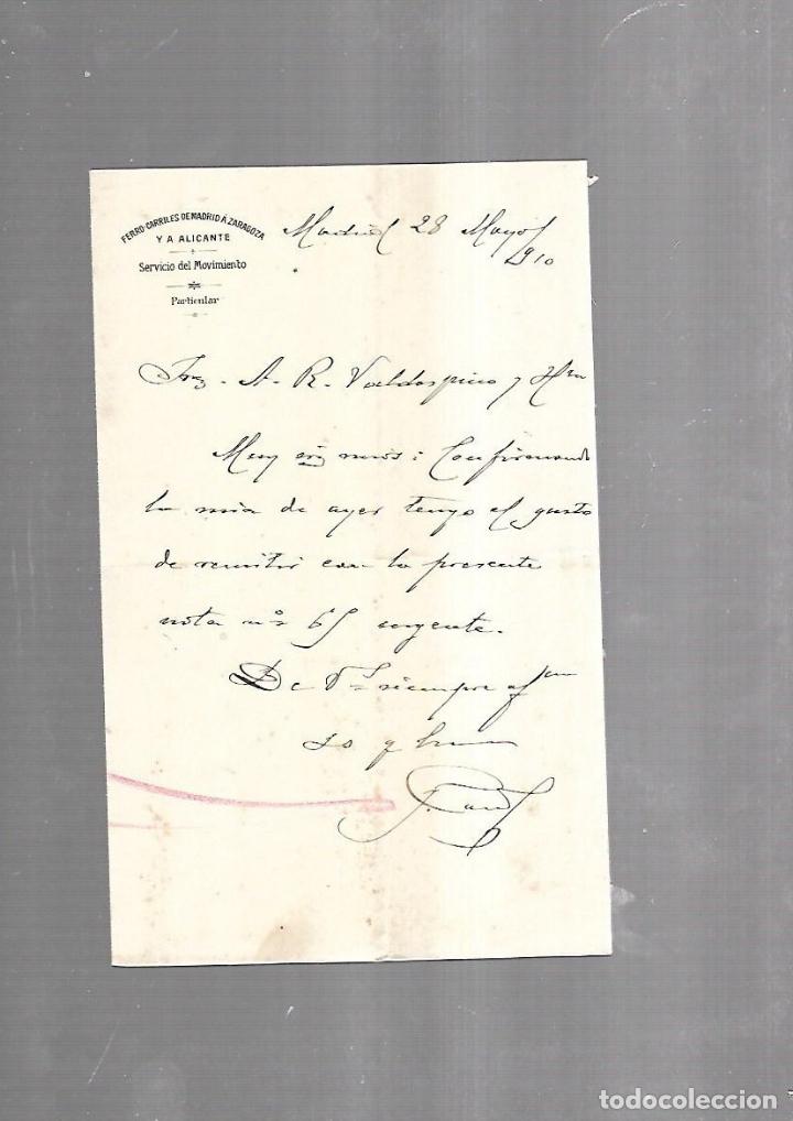 Documentos antigos: CARTA COMERCIAL. FERROCARRILES DE MADRID A ZARAGOZA Y ALICANTE. SERVICIO DEL MOVIMIENTO. 1910