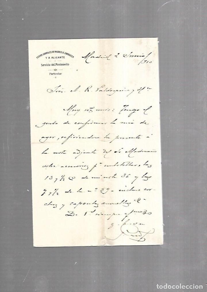 Documentos antigos: CARTA COMERCIAL. FERROCARRILES DE MADRID A ZARAGOZA Y ALICANTE. SERVICIO DEL MOVIMIENTO. 1910
