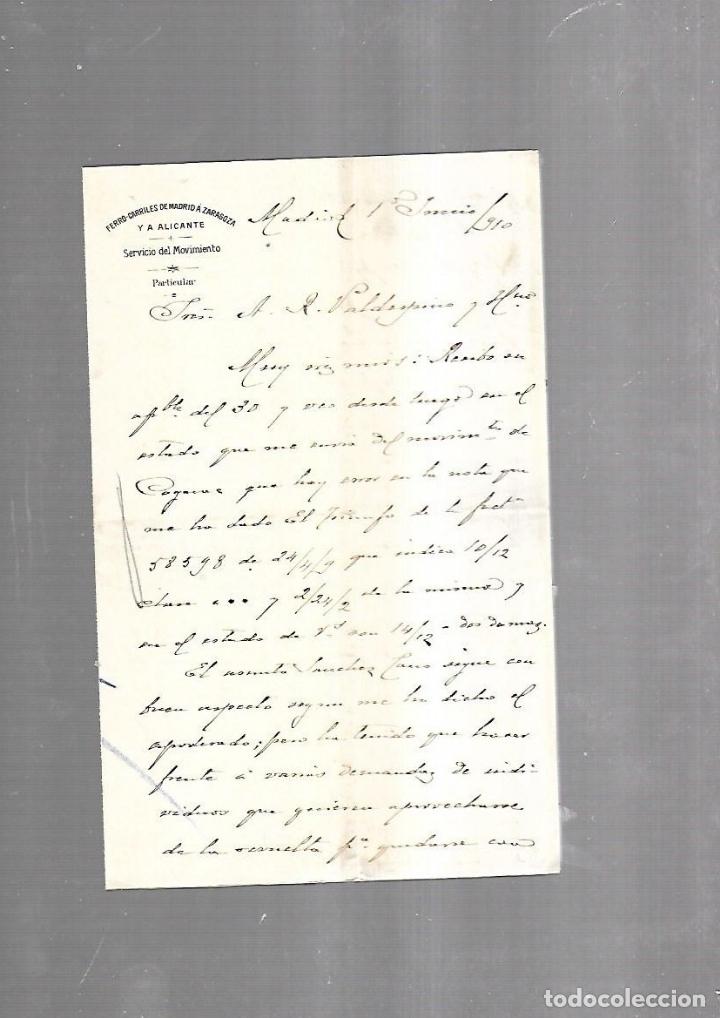 Documentos antigos: CARTA COMERCIAL. FERROCARRILES DE MADRID A ZARAGOZA Y ALICANTE. SERVICIO DEL MOVIMIENTO. 1910
