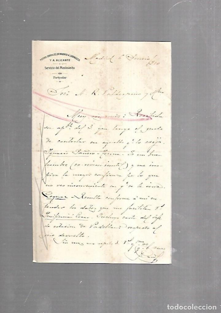Documentos antigos: CARTA COMERCIAL. FERROCARRILES DE MADRID A ZARAGOZA Y ALICANTE. SERVICIO DEL MOVIMIENTO. 1910