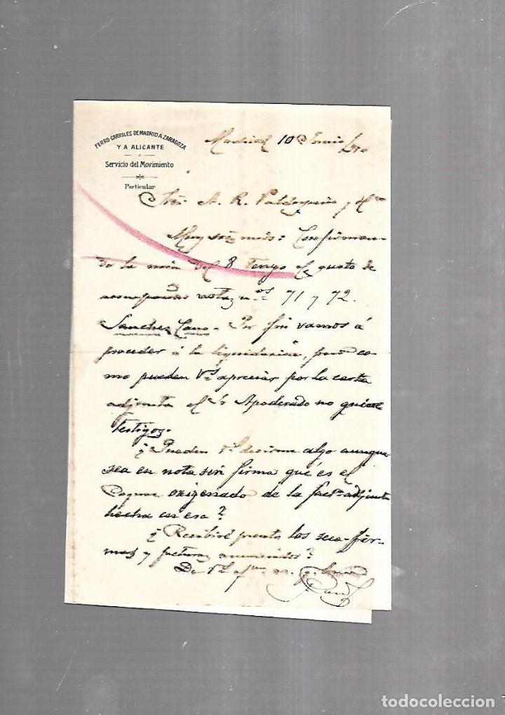 Documentos antigos: CARTA COMERCIAL. FERROCARRILES DE MADRID A ZARAGOZA Y ALICANTE. SERVICIO DEL MOVIMIENTO. 1910