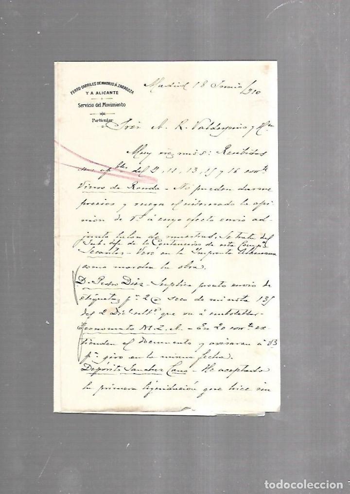 Documentos antigos: CARTA COMERCIAL. FERROCARRILES DE MADRID A ZARAGOZA Y ALICANTE. SERVICIO DEL MOVIMIENTO. 1910