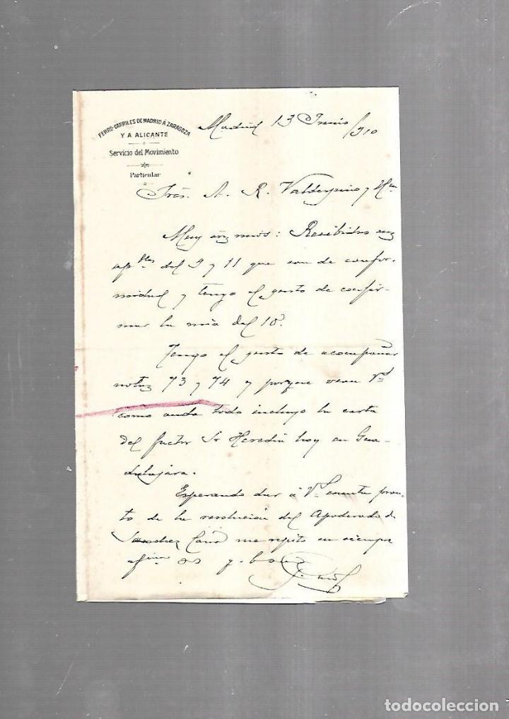 Documentos antigos: CARTA COMERCIAL. FERROCARRILES DE MADRID A ZARAGOZA Y ALICANTE. SERVICIO DEL MOVIMIENTO. 1910