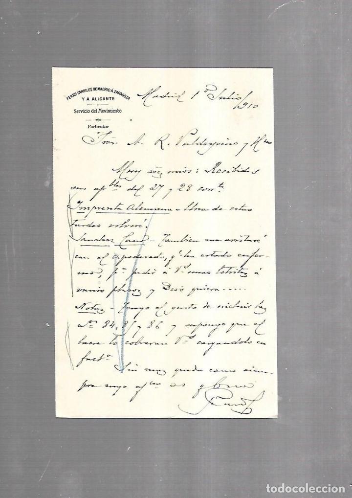 Documenti antichi: CARTA COMERCIAL. FERROCARRILES DE MADRID A ZARAGOZA Y ALICANTE. SERVICIO DEL MOVIMIENTO. 1910