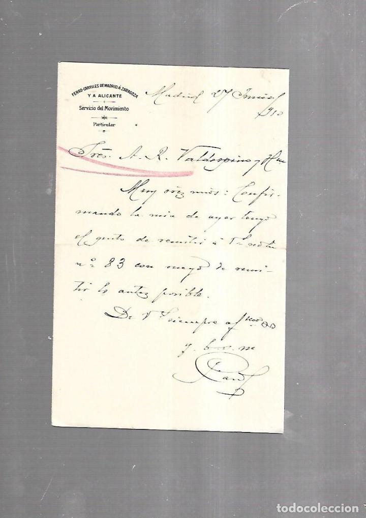 Documenti antichi: CARTA COMERCIAL. FERROCARRILES DE MADRID A ZARAGOZA Y ALICANTE. SERVICIO DEL MOVIMIENTO. 1910