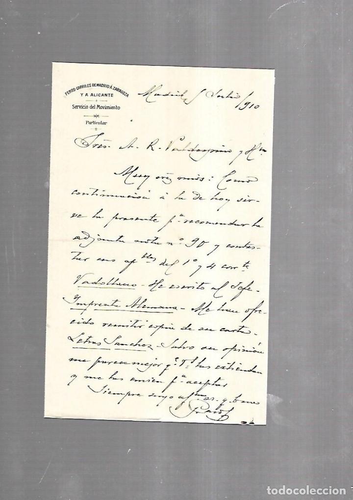 Documenti antichi: CARTA COMERCIAL. FERROCARRILES DE MADRID A ZARAGOZA Y ALICANTE. SERVICIO DEL MOVIMIENTO. 1910