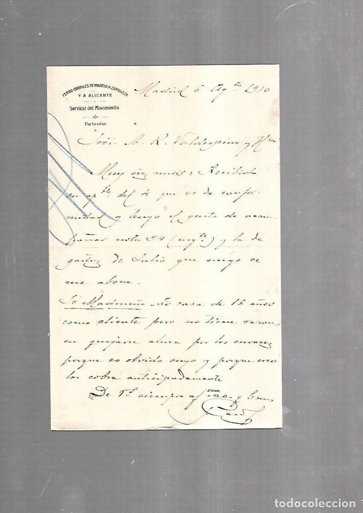 Documenti antichi: CARTA COMERCIAL. FERROCARRILES DE MADRID A ZARAGOZA Y ALICANTE. SERVICIO DEL MOVIMIENTO. 1910