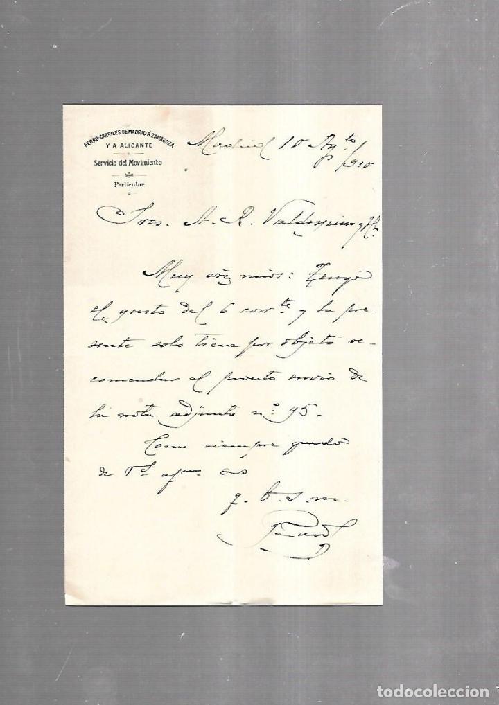Documenti antichi: CARTA COMERCIAL. FERROCARRILES DE MADRID A ZARAGOZA Y ALICANTE. SERVICIO DEL MOVIMIENTO. 1910