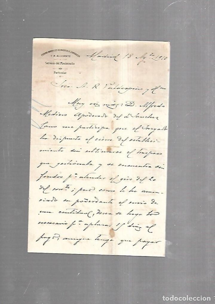 Documenti antichi: CARTA COMERCIAL. FERROCARRILES DE MADRID A ZARAGOZA Y ALICANTE. SERVICIO DEL MOVIMIENTO. 1910