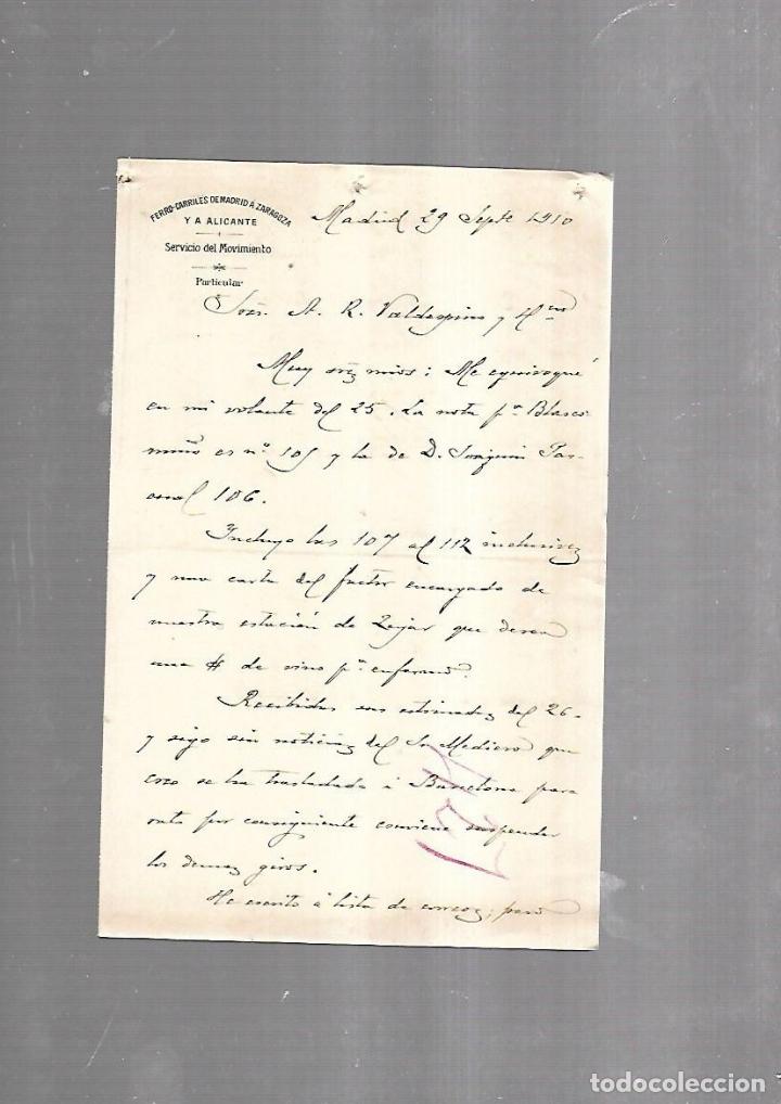 Documenti antichi: CARTA COMERCIAL. FERROCARRILES DE MADRID A ZARAGOZA Y ALICANTE. SERVICIO DEL MOVIMIENTO. 1910